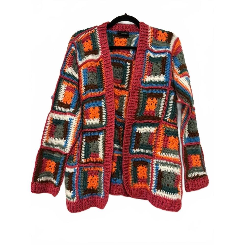 Saachi patchwork grandma crochet open front cardigan sweater sz M NO SZ TAG#1637
